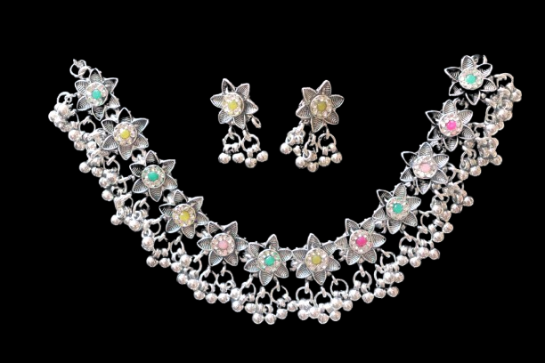 Oxidized Multicolour Studded Necklace with Earrings