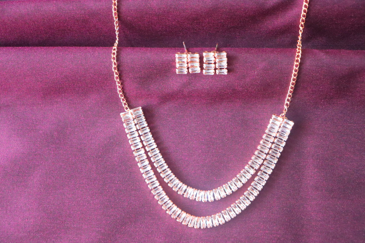Double Layered Pink Rose rectangular studded Necklace