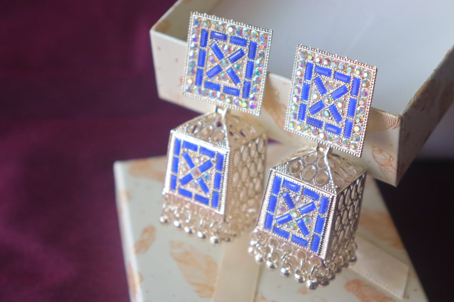 Blue Meenakari box shaped Jhoomka